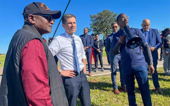 Transportation Secretary Pete Buttigieg and Dr. Robert Bullard tour the Shiloh community in Alabama.