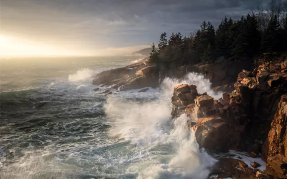 Crashing surf hits a rocky shoreline at Acadia National Park