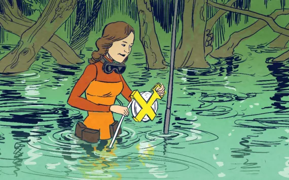 Illustrations show a woman in the middle of a river messing with measuring equipment, then an alligator head pops up behind her, she notices and heads for shore, the alligator dips underwater, and then the woman makes it safely to shore