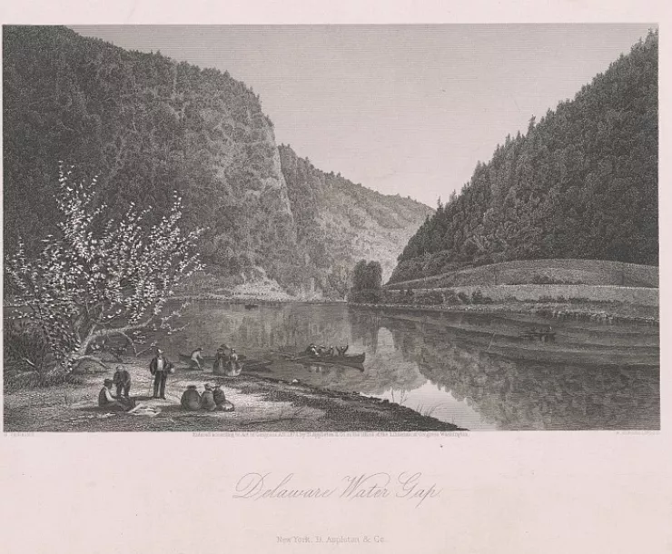 Engraving of a scene at the Delaware Water Gap circa 1872