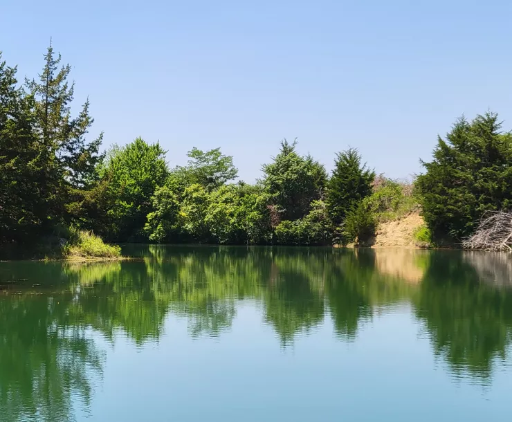 Blue sky over blue lake surrounded by dense green trees