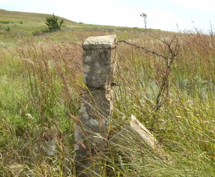 Rock fence post for barbed wire in hilly green field