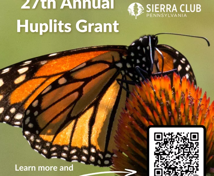 A graphic with a monarch butterfly drinking from a purple coneflower. White text reads, "27th Annual Huplits Grant. Learn more and apply today!" followed by an arrow pointing to a QR code in the bottom right.