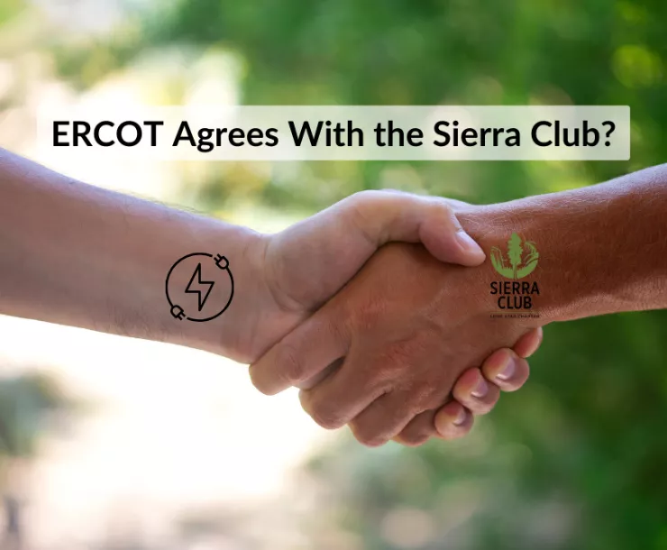 Image of two hands shaking, one appears to belong to a white man, one belongs to a brown-skinned person. Text: ERCOT Agrees With the Sierra Club?