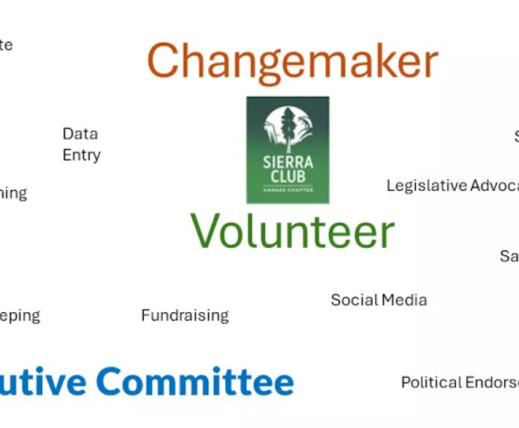 Sierra Club Kansas chapter logo surrounded by words describing volunteer jobs