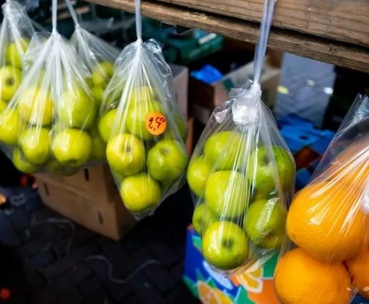 Apples in bags, Recycling and Compost Bin