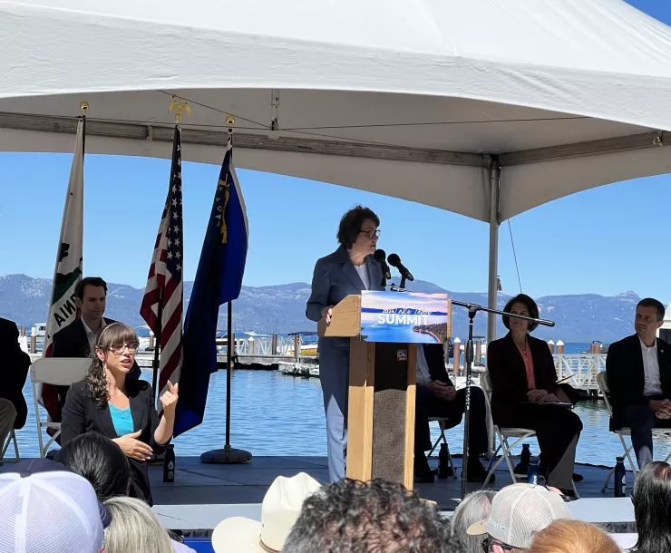 Senator Jacky Rosen speaking at the 28th annual Lake Tahoe Summit. 