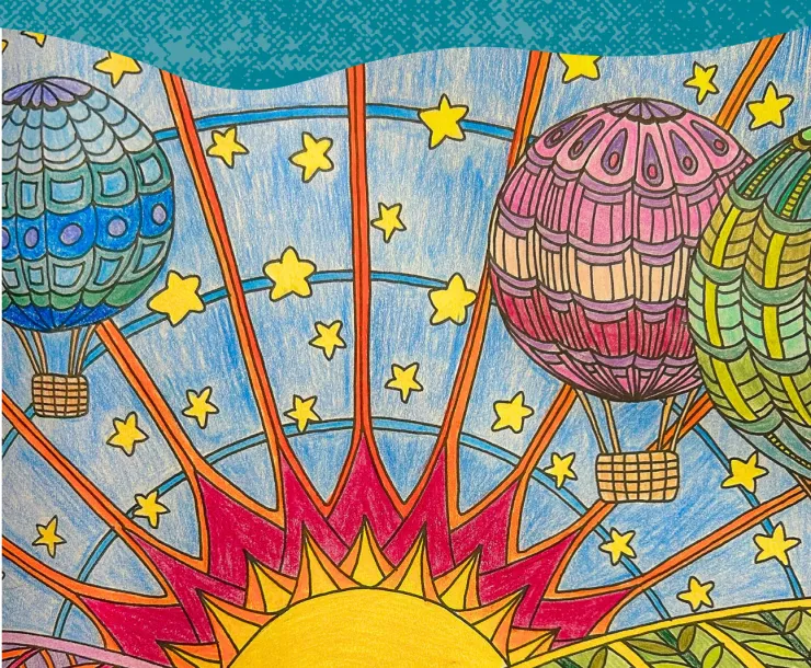 cover of solar zine; drawing of sunshine with rays extending out and hot air balloons floating over rolling fields