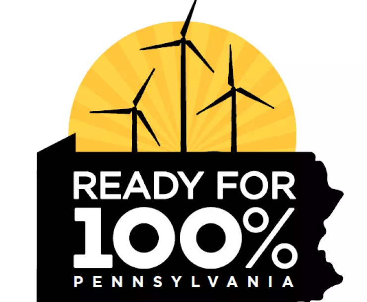 Ready for 100% Pennsylvania logo with a ray of sun and windmills over the outline of Pennsylvania.