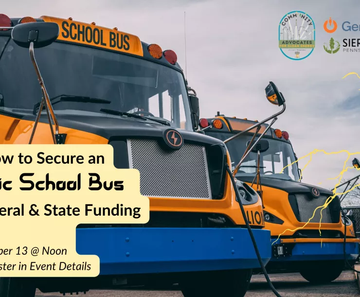 School buses with text about learning about electric school bus funding