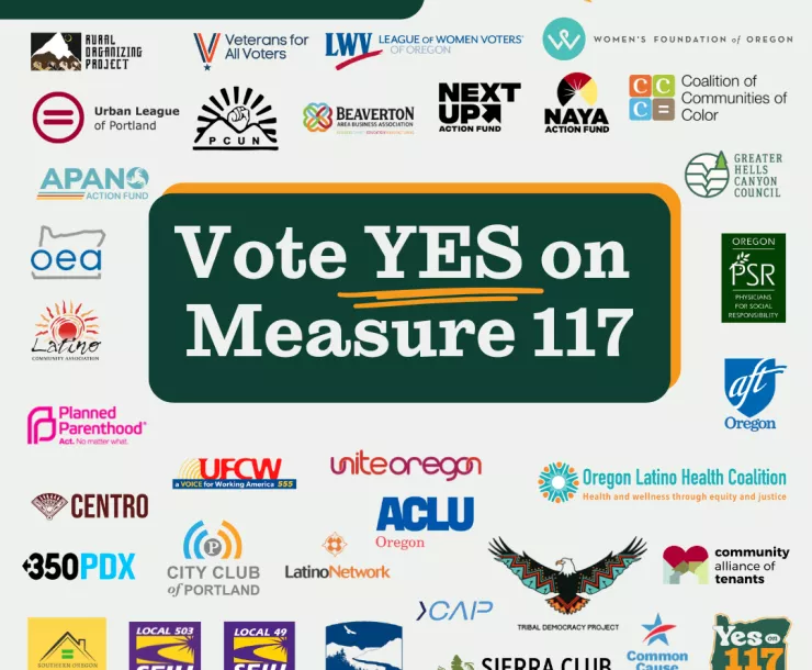 A collage of logos of organizations supporting Measure 117