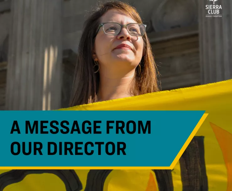 lisa young holding yellow banner with text overlay that reads 'a message from our director'