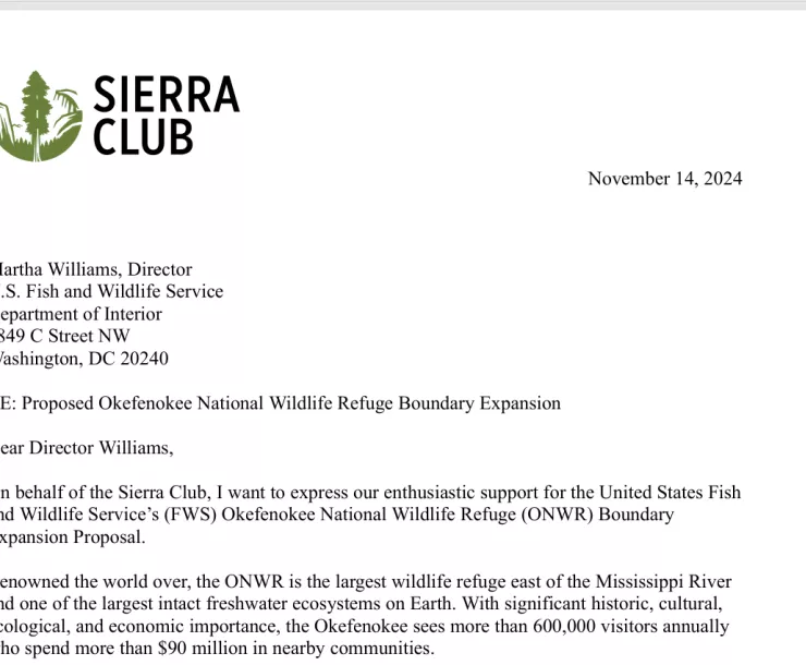 Letter of support for Okefenokee Expansion