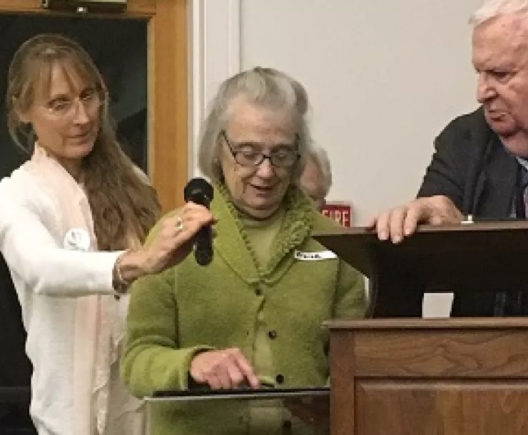 Widow Elaine Lahn accepts honor for Dick Lahn at Anne Arundel Sierra Club potluck dinner 2019 Earl Bradley and Robin Turk web.jpg
