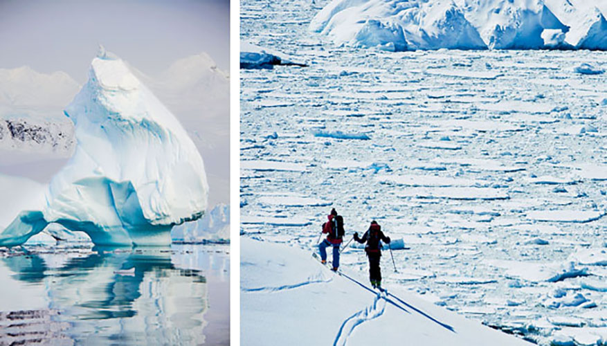Left: Once separated from the glacial mass, icebergs can wander the sea for thousands of years. Right: A bay that was as placid and open as a lake in the morning is impassable by afternoon.