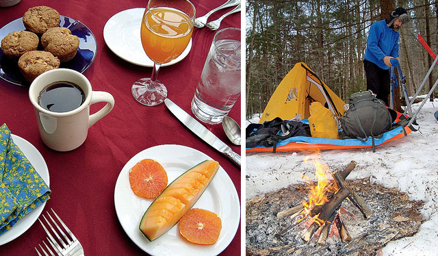 Left: A breakfast spread at the Blueberry Hill Inn. Right: Breaking camp beside a morning fire.