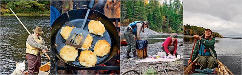 From left: Slater and Cara take a break while paddling the West Branch; carbo-loading on potato pancakes for breakfast; guides Sue Szwed, left, and Shannon LeRoy prepare lunch along the Penobscot; Szwed at the helm.