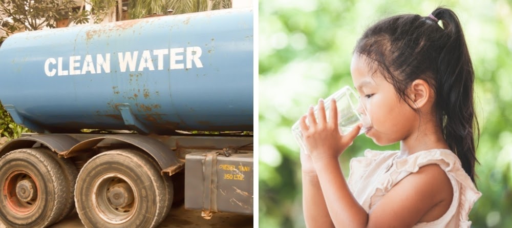 A side-by-side photo comparison of clean water being shipped by a truck and a girl drinking clean water from a glass.