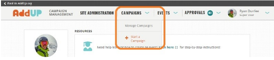 An orange outlines highlights "Campaign" and its drop down in the AddUp management navigation.