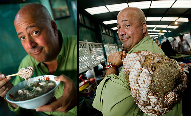 Left: Andrew eats pig brain soup in Bangkok. Right: Andrew walks through a Bangkok market with a bag of frogs. | Courtesy of the Travel Channel