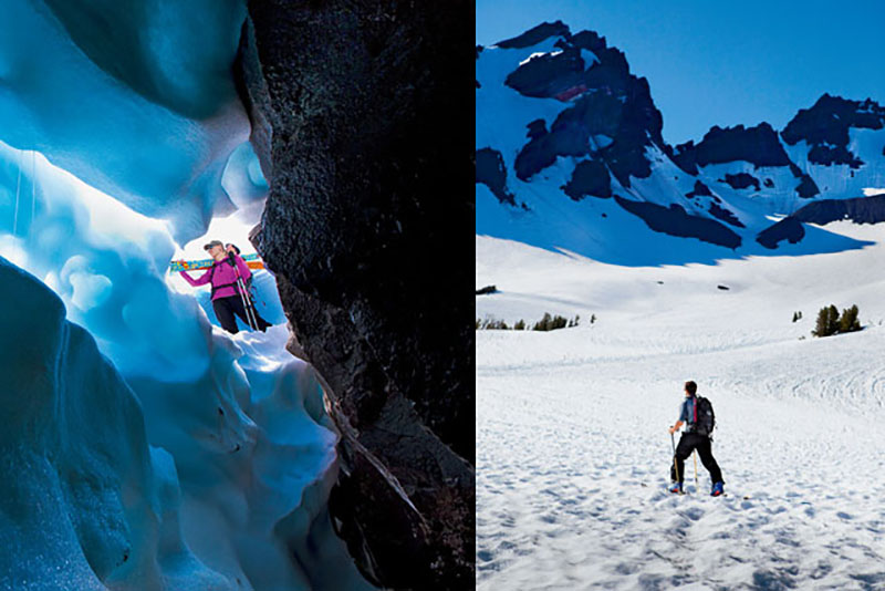Left: Access to late-season backcountry snow is complicated by, among other things, crevasses. Right: Heading toward the bowl of Broken Top Mountain in central Oregon.