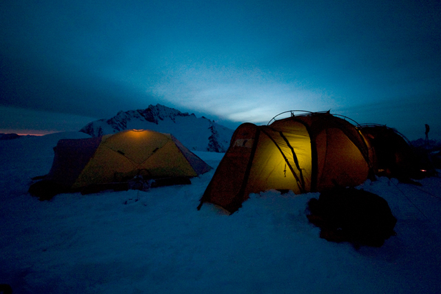 Night falls on the Tantalus Glacier camp, where overnight lows dropped to 5 degrees Fahrenheit.